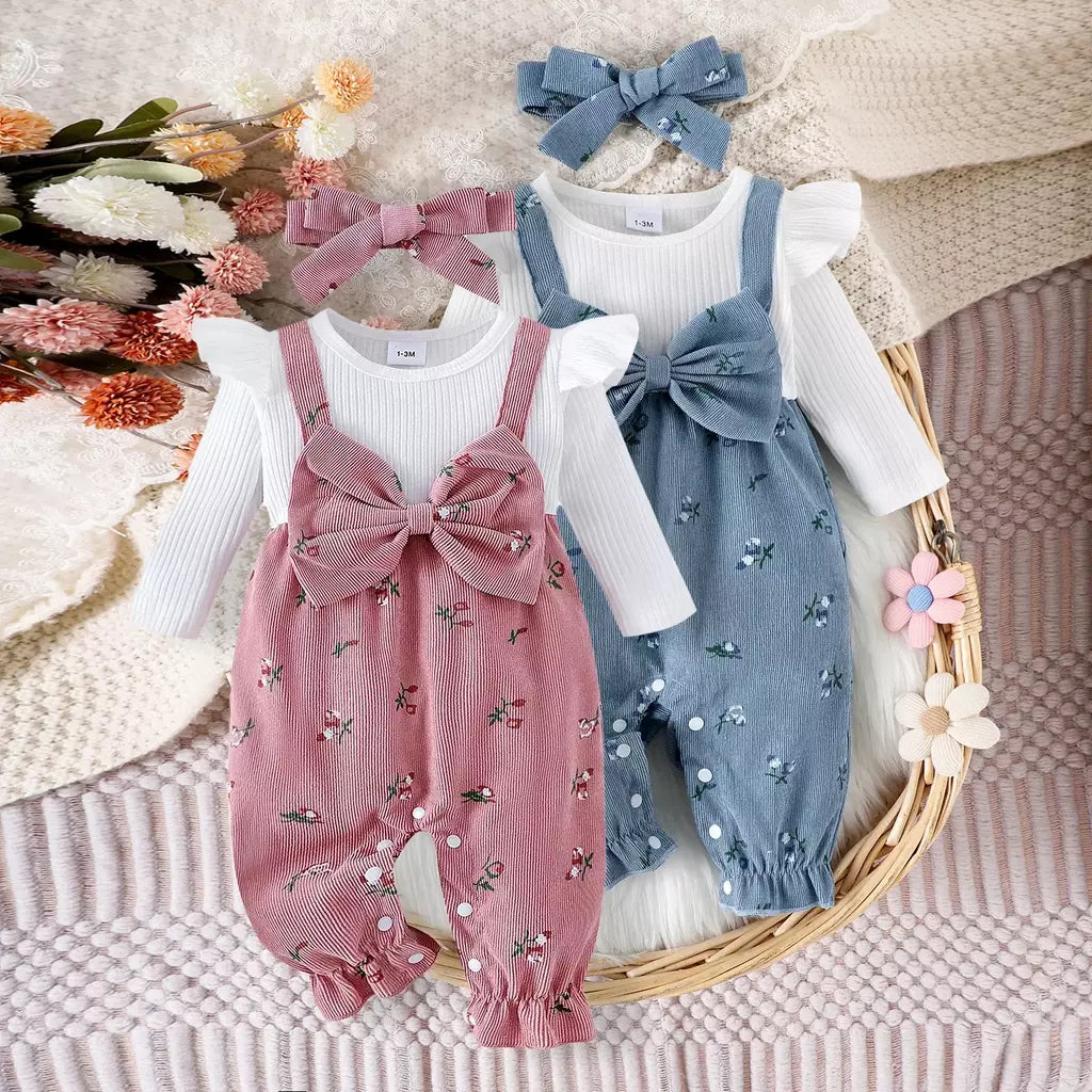 Citgeett outono infantil bebê meninas manga longa macacão floral impressão retalhos arco macacões bonito bandana conjunto de roupas