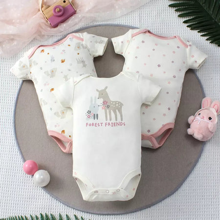 ? 3 pçs verão bebê meninas três peças bodysuit animal reino e elefante carta padrão manga curta bodysuit dia das mães gif
