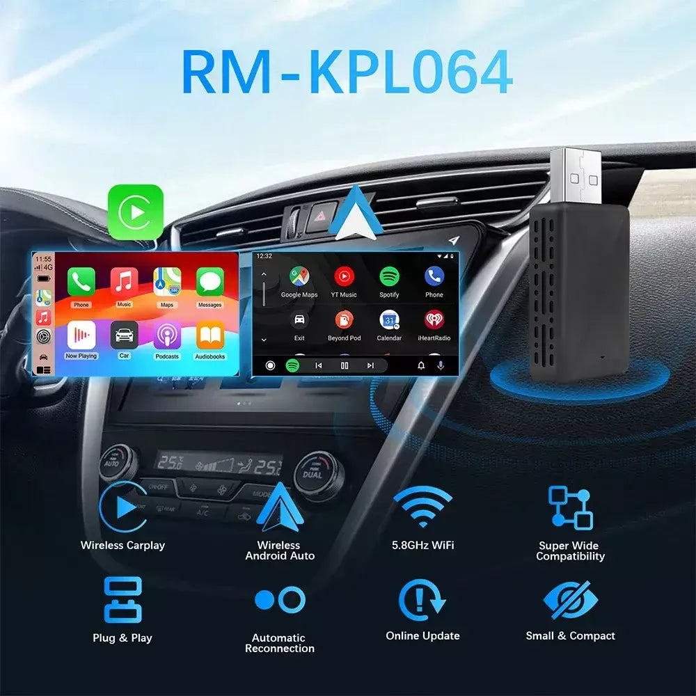 Carplay android auto adaptador sem fio para toyota mazda nissan camry suzuki subaru citroen audi mercedes kia ford opel spotify bt