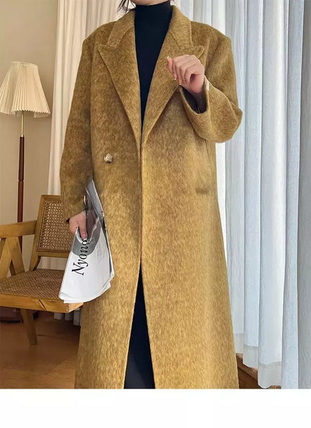 Casaco de alpaca de lã feminino, jaquetas de lã, trespassado duplo, gola de terno, solto, Casacos longos, senhora do escritório, outono, inverno, 2022