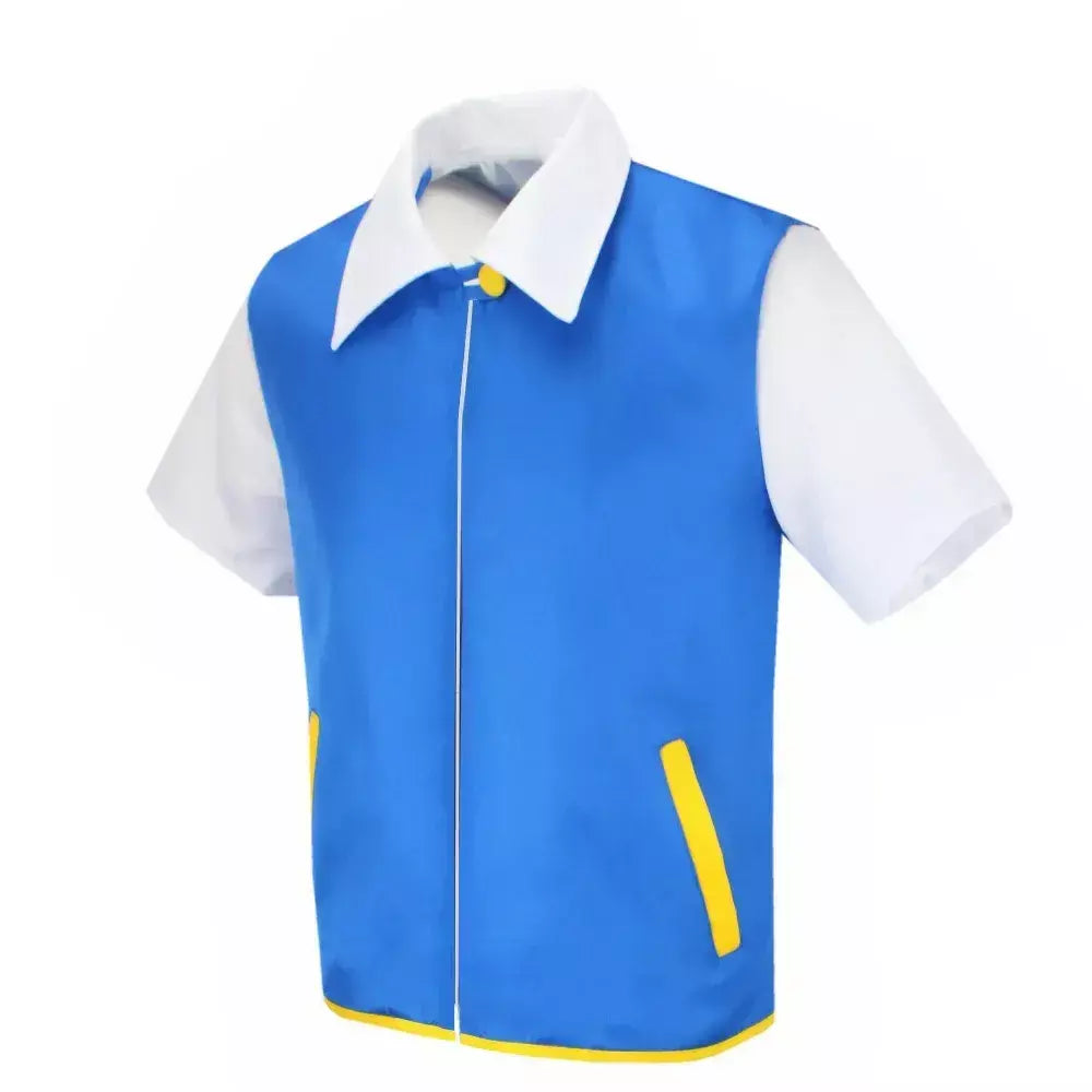 Anime dos desenhos animados cinza ketchum trainer jaqueta azul traje p-pokemoning ir jaqueta azul chapéus luvas para meninos meninas cosplay para festa
