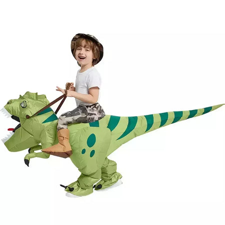 Nova venda quente engraçado criança adulto inflável equitação dinossauro verde cosplay traje crianças fantasia vestido de festa tema do feriado do dia das bruxas