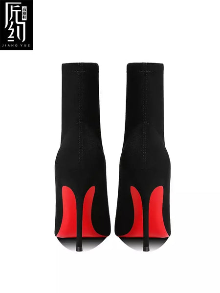 Botas de tornozelo femininas de inverno vermelho brilhante bottoms meias de malha botas outono 2025 nova moda botas de estiramento sexy feminino salto alto fem