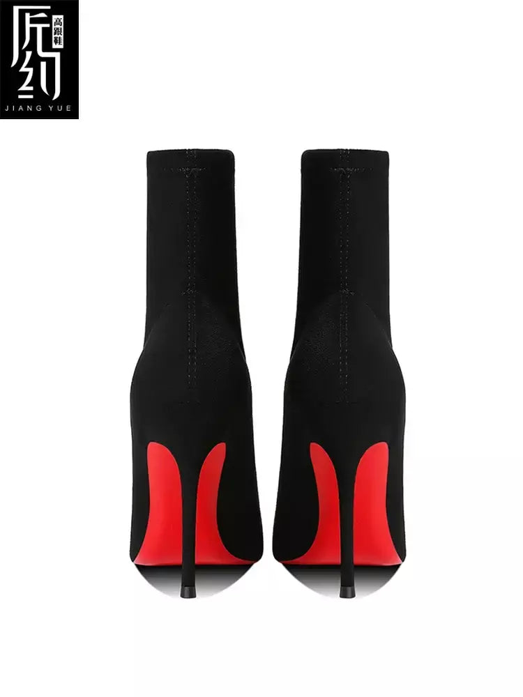 Botas de tornozelo femininas de inverno vermelho brilhante bottoms meias de malha botas outono 2025 nova moda botas de estiramento sexy feminino salto alto fem