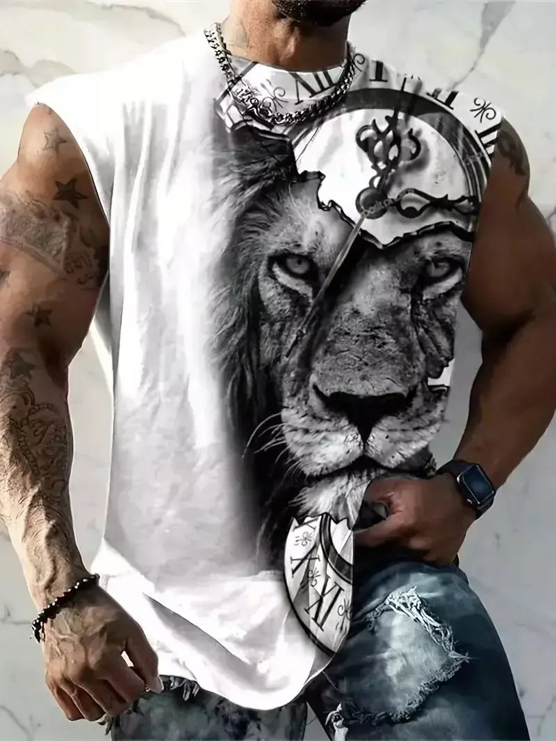 Camisola de alças estampada 3D leão tigre masculina, poliéster, versátil, casual, dominante na rua, gola redonda, sem mangas, primavera, verão, novo