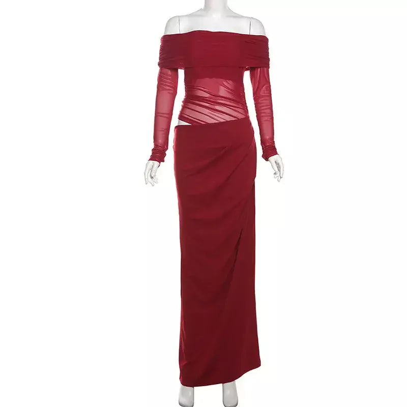 Oco sexy vestido longo feminino um ombro malha transparente festa noite vestido de malha verão moda cor sólida maxi vestidos
