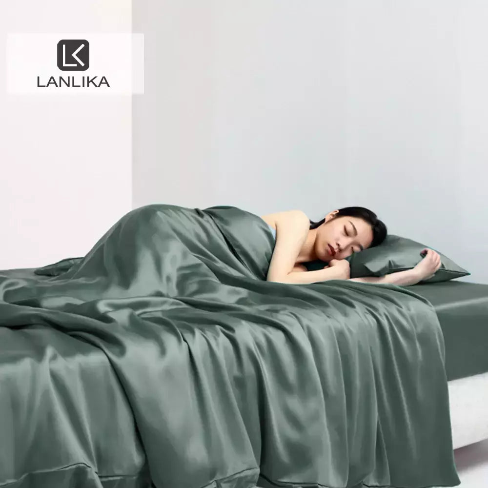 Lanlika luxo puro 100% conjunto de cama seda verão verde folha plana fronha dupla rainha rei colcha conjunto cama lençol