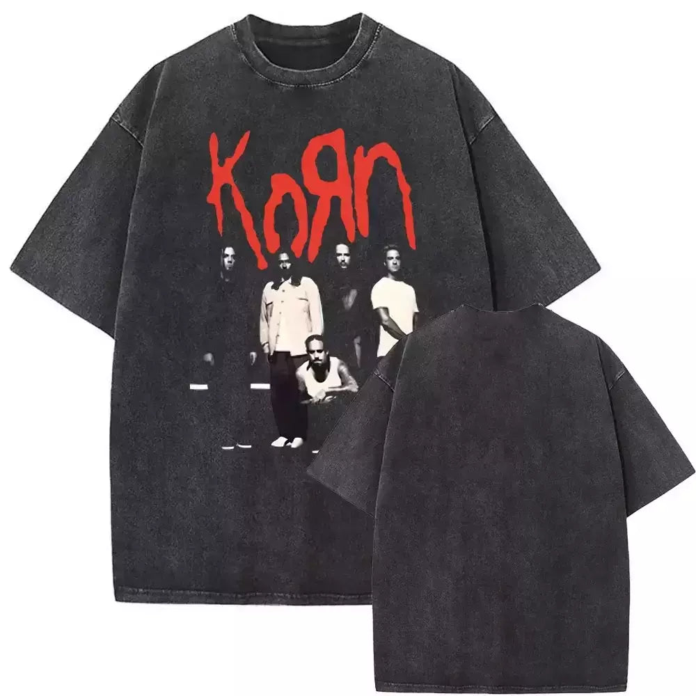 Camisetas com estampa de esqueleto masculinas, banda de rock vintage lavada, Korn caindo longe de mim, camiseta gótica, camiseta masculina extragrande, moda