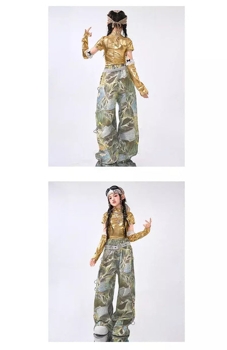 Girls Hip Hop Shiny Golden Crop Top Patchwork Jeans Pants Kids Streetwear Child Jazz Girl Group Costumes K-pop Retro Clothes Set