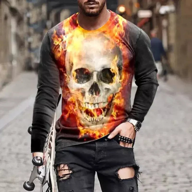 Crânio masculino gráfico t-shirts manga longa esqueleto impressão 3d rua homem t camisa outono o-pescoço casual y2k topo roupas masculinas de grandes dimensões