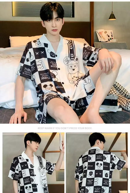 Pijama de seda gelo de duas peças masculino, shorts de manga curta, seção fina, estudante, terno homewear adolescente, verão, novo