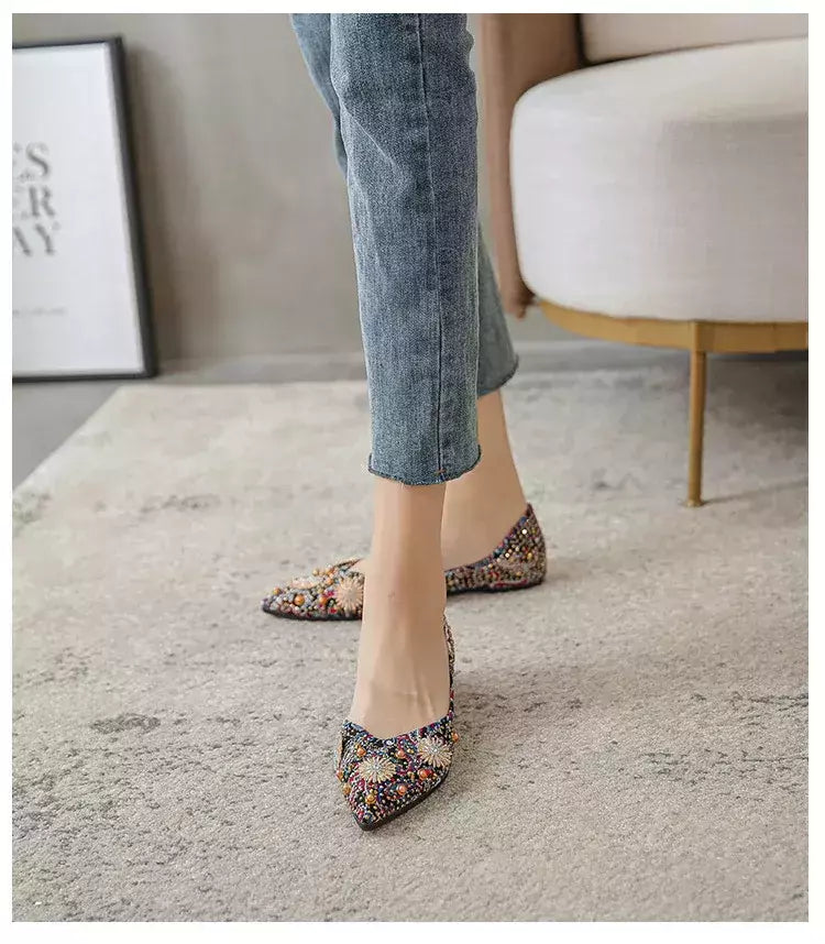 Mocassins lisos de strass de dedo apontado, sapatilhas femininas clássicas, sapatilhas femininas, sapatos de barco macio, rebites, novo, outono, 2022