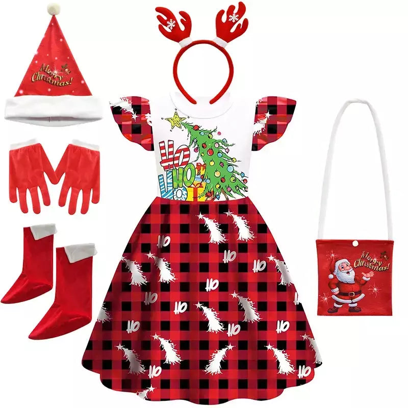 Novo natal meninas vestido carta papai noel impressão carnaval festa crianças roupas de natal masquerade desempenho roupas infantis