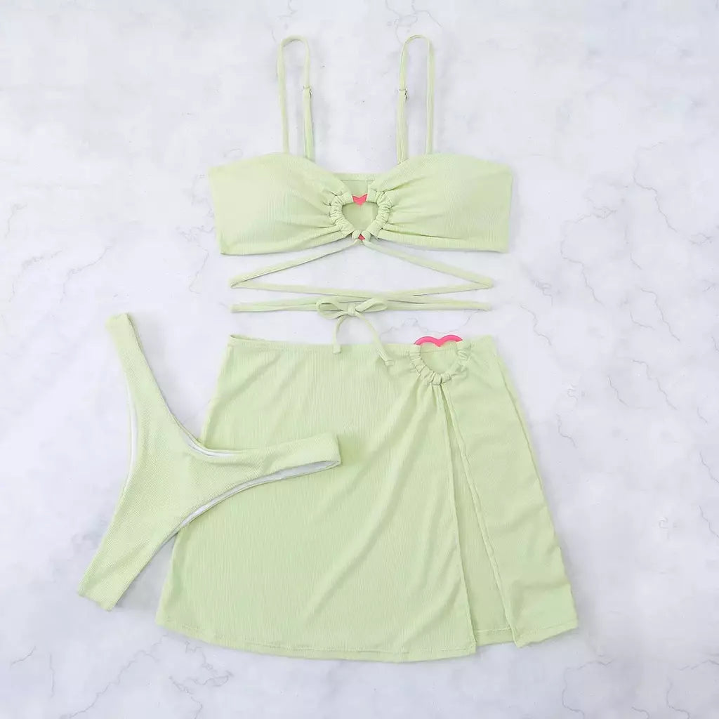 Conjunto de biquíni monocromático de 3 peças feminino, maiô com saronga, capa, saia de praia, maiô, vestido de praia