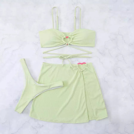 Conjunto de biquíni monocromático de 3 peças feminino, maiô com saronga, capa, saia de praia, maiô, vestido de praia