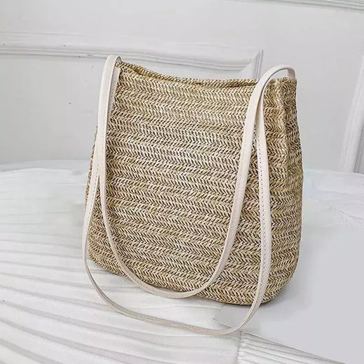 Bolsa de tecido palha casual feminina, cachecol de seda, laço, bolsa de praia, grande capacidade, portátil, sacola para senhora, nova, 1 ombro, verão