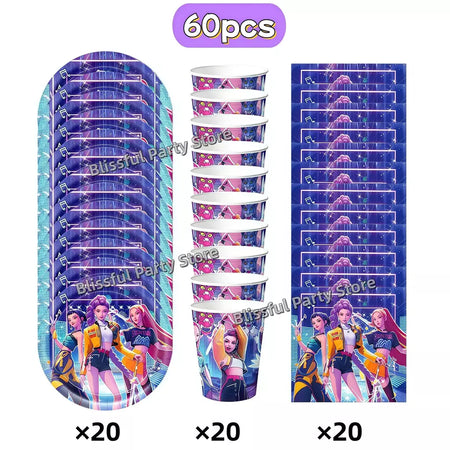 Conjunto de talheres para decoração de festa de aniversário, caçadores de demônios, copo, prato, guardanapo, banner, balão, meninas, coreano, kpop, anime, suprimentos de festa, decoração