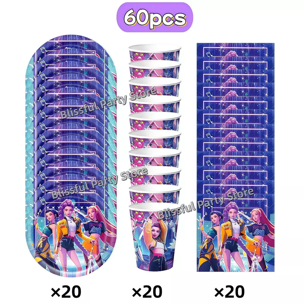 Conjunto de talheres para decoração de festa de aniversário, caçadores de demônios, copo, prato, guardanapo, banner, balão, meninas, coreano, kpop, anime, suprimentos de festa, decoração