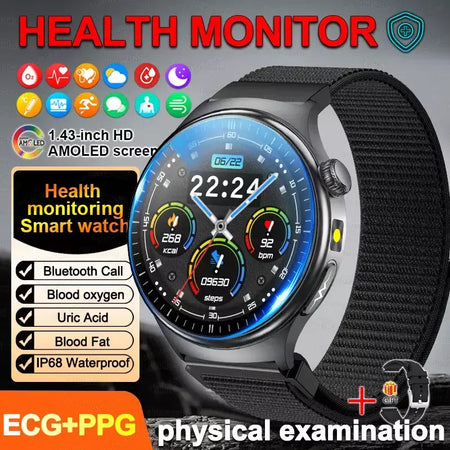 2026 novo relógio inteligente masculino feminino exame micro-físico ecg + ppg oxigênio no sangue ácido úrico pressão arterial safira smartwatch masculino