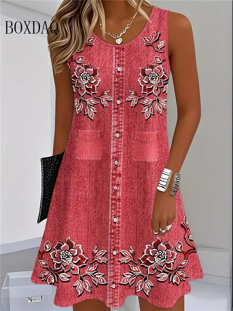 2025 mulheres verão sem mangas vestido boêmio moda imitar cowboy colete flores impressão vestido casual tanque vestidos de praia para mulher