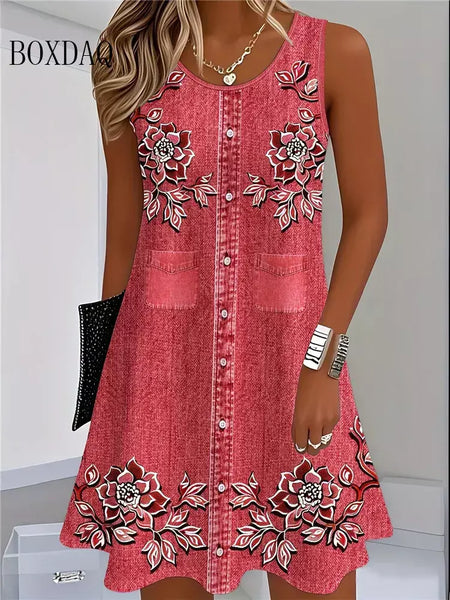 2025 mulheres verão sem mangas vestido boêmio moda imitar cowboy colete flores impressão vestido casual tanque vestidos de praia para mulher