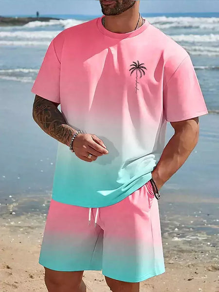 Camiseta de praia havaiana masculina, conjunto de 2 peças, manga curta, estampa palmeira, decote em O, moda exterior, casual, verão