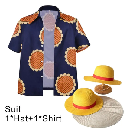 Nova chegada anime luffy cosplay traje feminino masculino girassol impressão botão camisa halloween adulto cosplay luffy chapéu de palha + terno superior