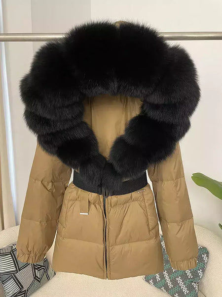 Oftbuy 2024 jaqueta de inverno feminina gola de pele de raposa natural real com capuz grosso quente 90% pato branco para baixo casaco feminino streetwear casual