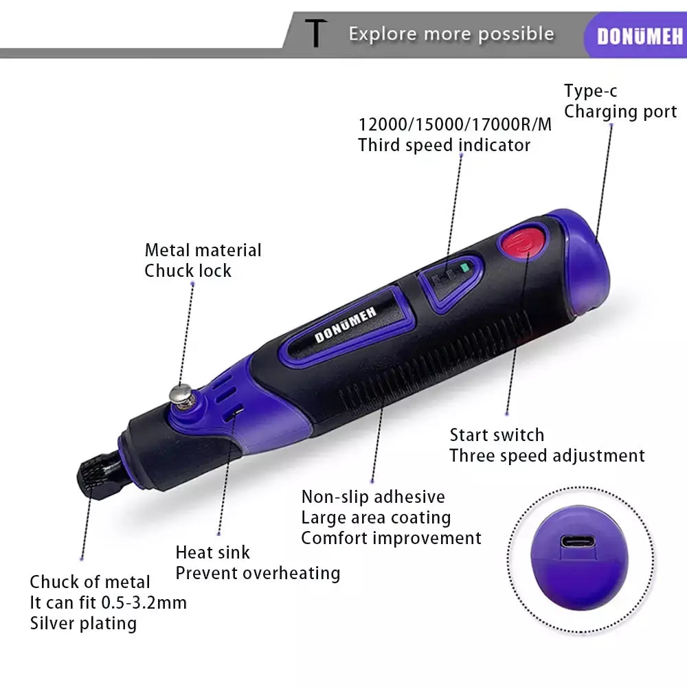 Mini furadeira elétrica multifuncional, moedor de 3 velocidades, ferramenta elétrica usb com caneta de gravação e conjunto de acessórios, ferramenta rotativa diy para casa