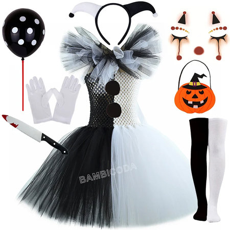 O traje de palhaço terrível arte menina preto branco fantasia tutu vestido horror coringa vestido para meninas trajes de festa de carnaval de halloween