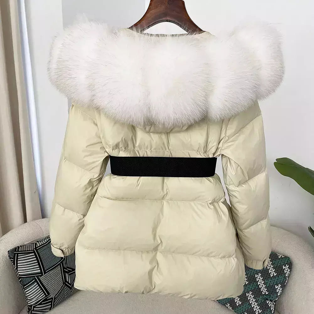 Oftbuy 2024 jaqueta de inverno feminina gola de pele de raposa natural real com capuz grosso quente 90% pato branco para baixo casaco feminino streetwear casual