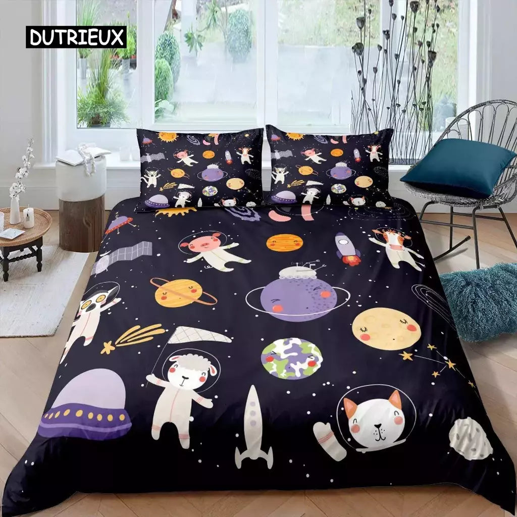 Conjunto de cama para meninos da aviação dos desenhos animados, astronauta Duvet Cover, Blue Sky Dream Quilt Cover, gêmeo, único, tamanhos duplos, fronha