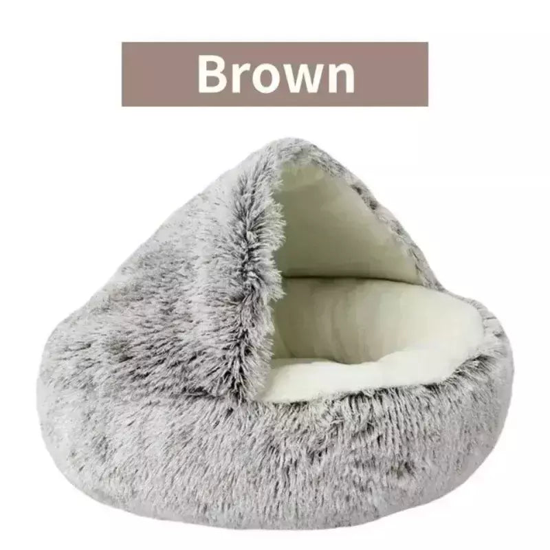 Almofada redonda para gatos, sacos de dormir semi fechados para animais de estimação, pelúcia longa e macia 2 em 1, camas quentes para gatos, conforto simples, ninho de dormir quente para cachorros