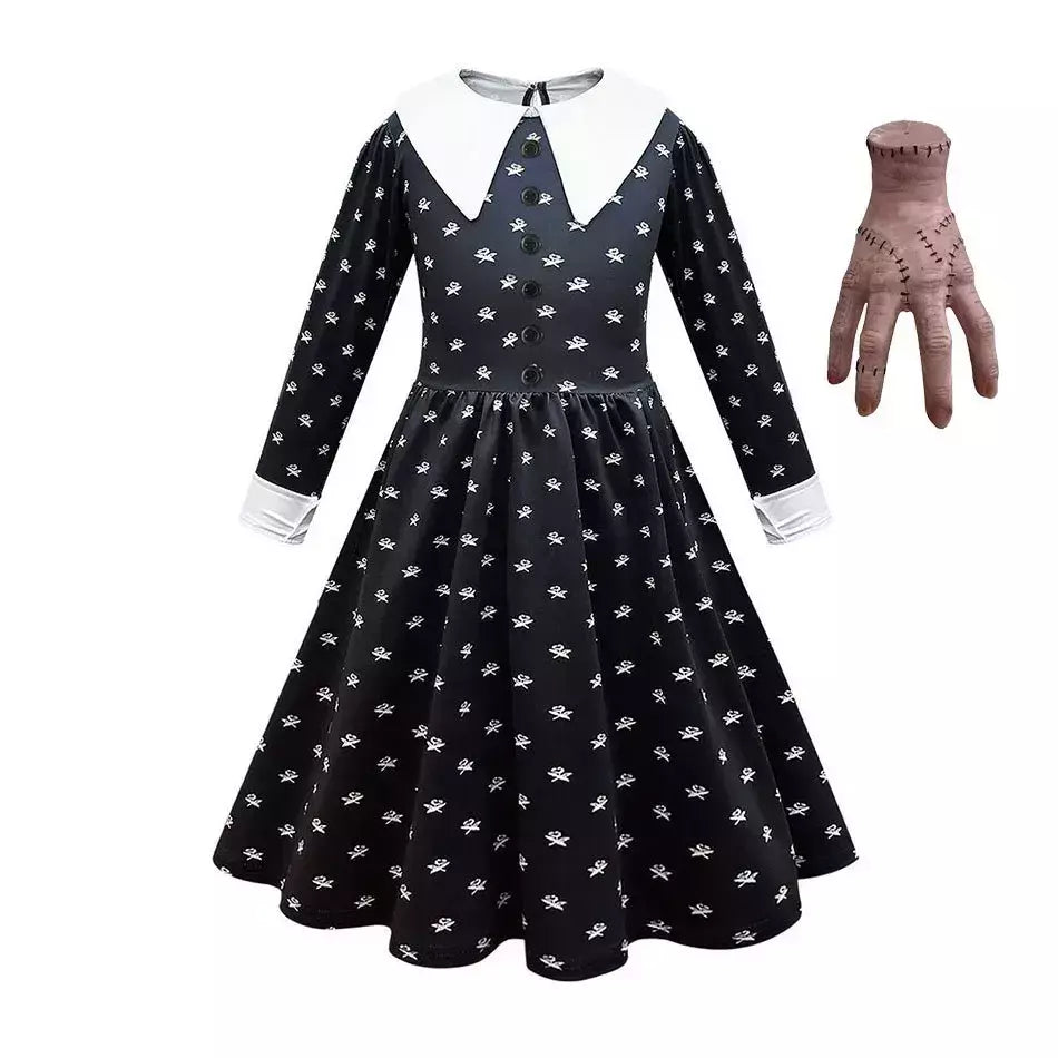 Crianças addams traje do bebê meninas família cosplay traje de halloween crianças família dança vestido preto quarta-feira pageant fantasia