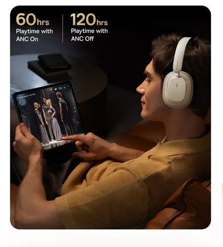 Baseus bowie h1s fones de ouvido sem fio bluetooth 5.4 cancelamento de ruído 46db sobre a orelha fone de ouvido de áudio espacial de alta resolução 120h tempo