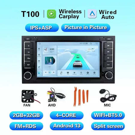 Leitor multimídia carro com Bluetooth, Android 13, 2 Din, Carplay para Touareg T5 Transporter, Volkswagen VW 2002-2010, Auto Bluetooth