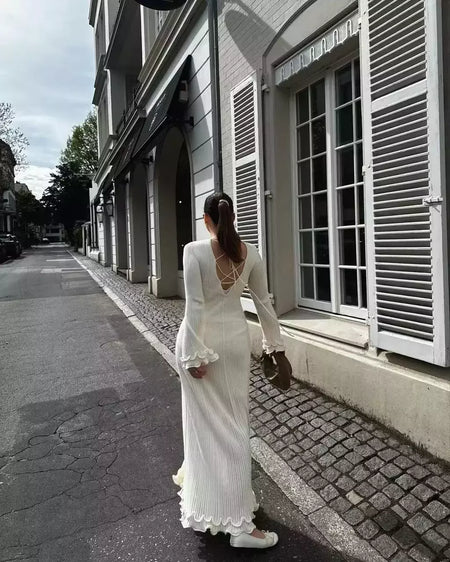 Elegante vestido de malha de manga comprida feminino, gola redonda, vestes finas brancas, vestidos de festa femininos, moda feminina, verão, outono, novo, 2022