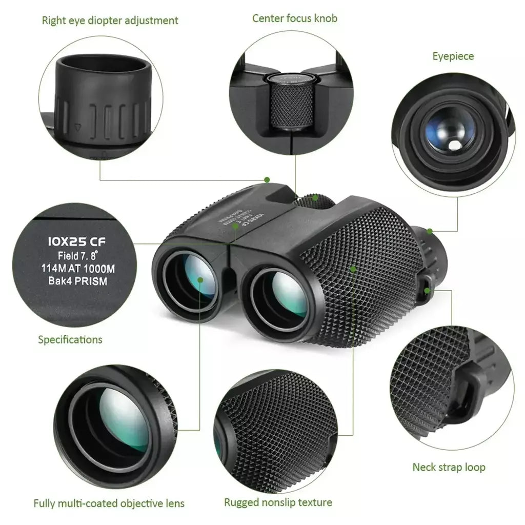 Binóculos 10x25 hd mini telescópio portátil bak4 fmc revestido telescópio ao ar livre observação de pássaros caça viagem acampamento bola jogo