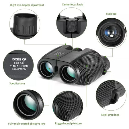 Binóculos 10x25 hd mini telescópio portátil bak4 fmc revestido telescópio ao ar livre observação de pássaros caça viagem acampamento bola jogo