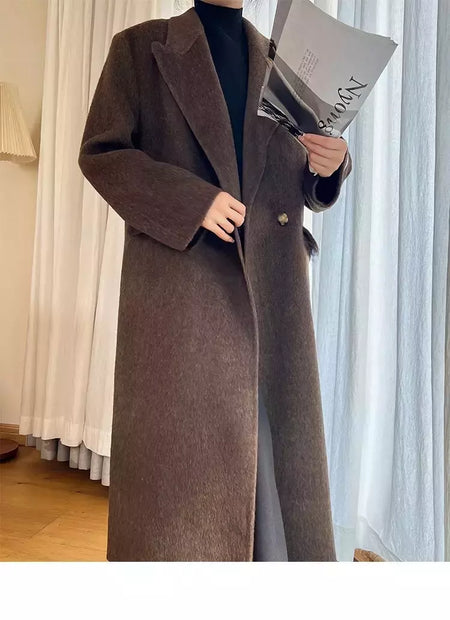 Casaco de alpaca de lã feminino, jaquetas de lã, trespassado duplo, gola de terno, solto, Casacos longos, senhora do escritório, outono, inverno, 2022
