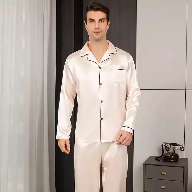 Conjunto de pijama com cardigã de manga comprida masculino, monocromático, lapela, casual, roupa de casa simples, pijamas, plus size, juventude, outono, inverno, 2 peças, conjunto