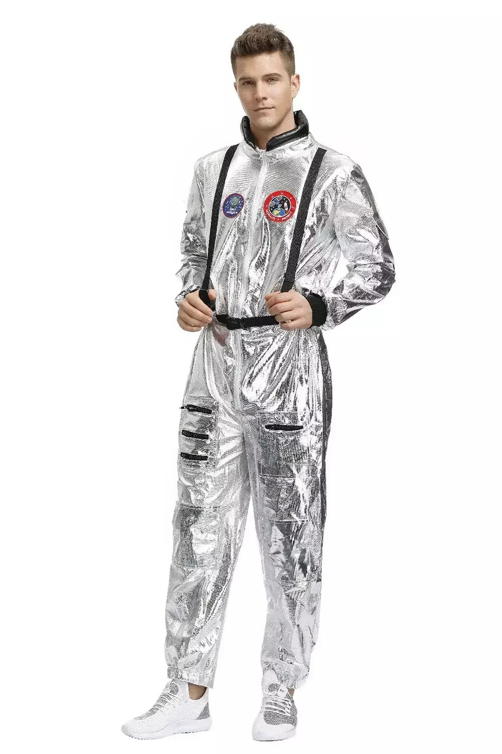 Adulto prata astronauta traje das mulheres dos homens spaceman terno espaço macacão halloween cosplay festa vestir-se