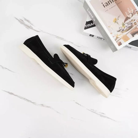 Sapatos de mula de camurça antiderrapante para mulheres, sapatos para dirigir, pingente de metal, marca de luxo, moda casual confortável, Le Fu