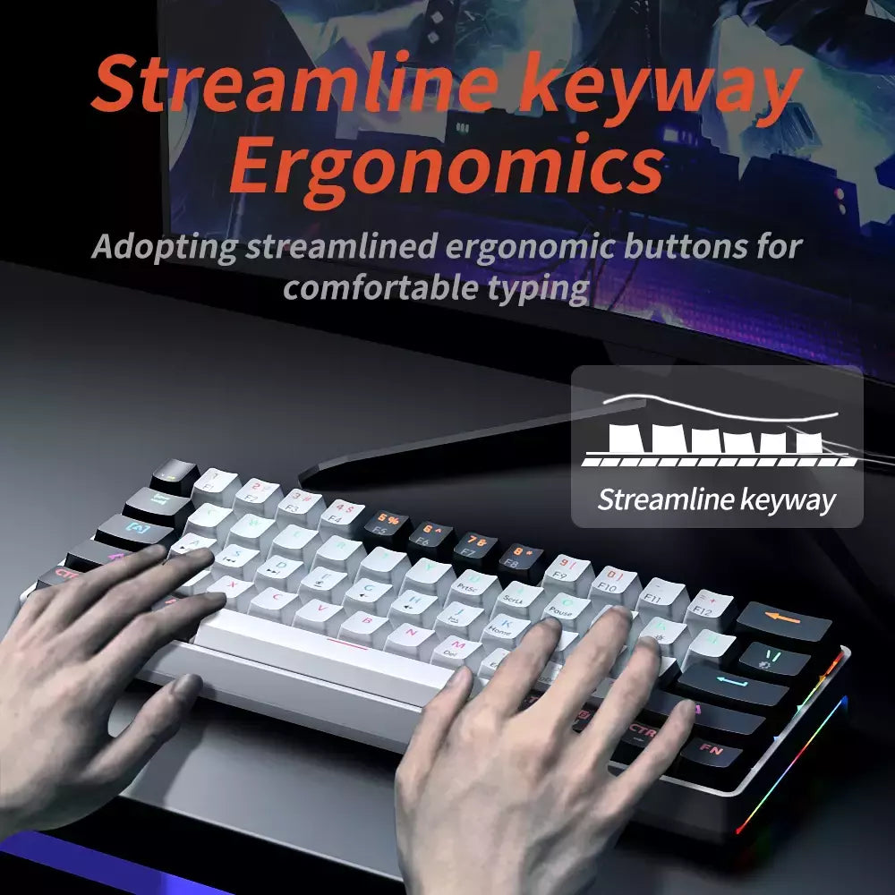 MUCAI-MK61 USB Teclado Mecânico Gaming, Interruptor Vermelho, RGB Backlit, Hot Swappable, 61 Chaves, Com Fio, Cabo Destacável