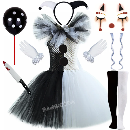 O traje de palhaço terrível arte menina preto branco fantasia tutu vestido horror coringa vestido para meninas trajes de festa de carnaval de halloween