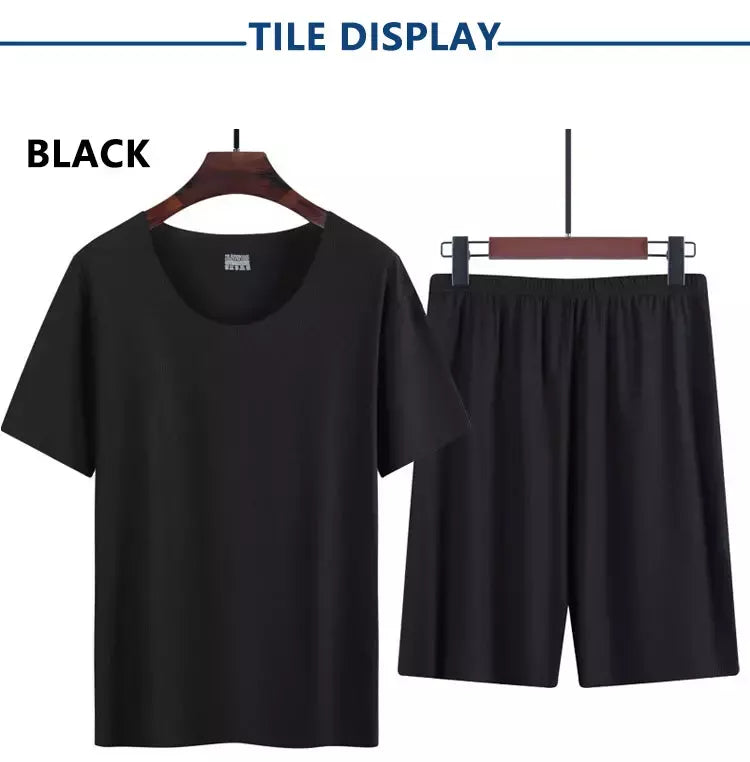 Verão pijamas masculinos terno fino gelo casa roupas traceless manga curta shorts em torno do pescoço casual roupas de verão