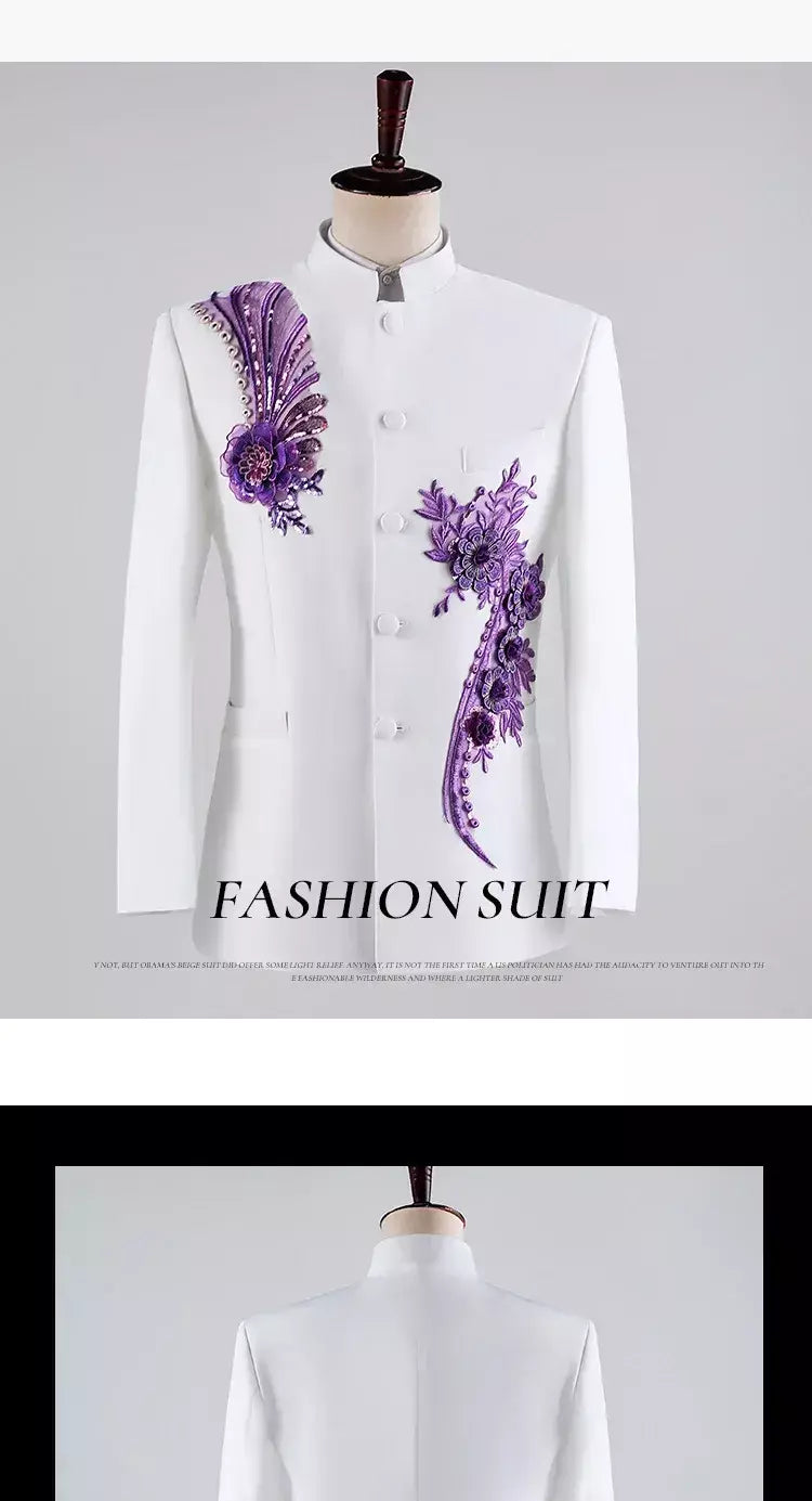 (Jaqueta + calça) moda masculina palco desempenho vestido ternos 2025 novo masculino estilo chinês levante-se colarinho decalque blazer e calças