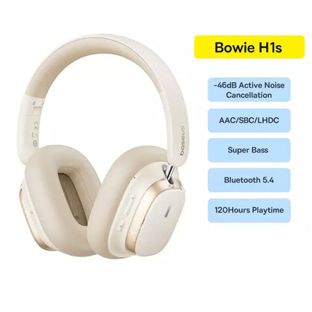 Baseus bowie h1s fones de ouvido sem fio bluetooth 5.4 cancelamento de ruído 46db sobre a orelha fone de ouvido de áudio espacial de alta resolução 120h tempo