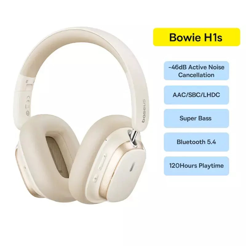 Baseus bowie h1s fones de ouvido sem fio bluetooth 5.4 cancelamento de ruído 46db sobre a orelha fone de ouvido de áudio espacial de alta resolução 120h tempo