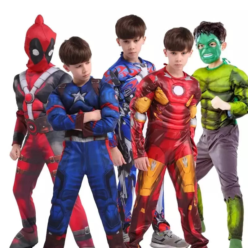 Super-herói homem aranha capitão américa homem de ferro thor hulk batman cosplay traje muscular bodysuit macacão para crianças festa de halloween